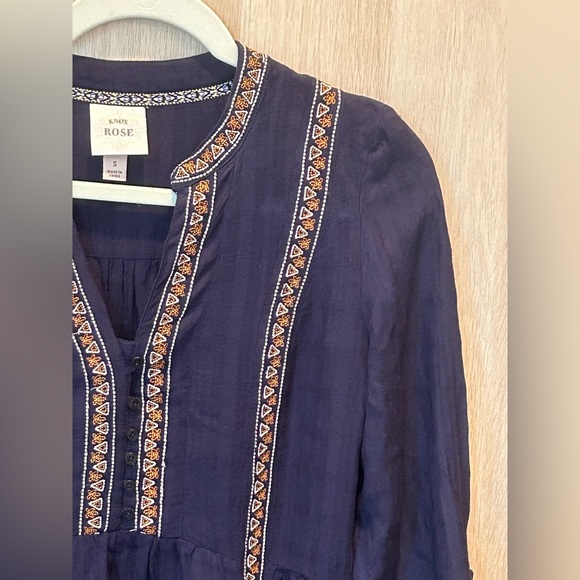 Knox Rose Shirts Womens Small Navy Blue BOHO V-Neck Tops Babydoll Bohemian - Picture 4 of 13